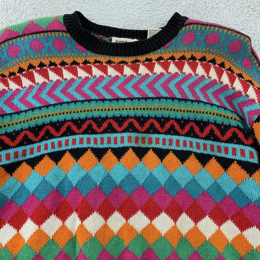 Vintage Contrasts Sweater Womens Large Multicolor Geometric‎ Ramie Cotton 90s